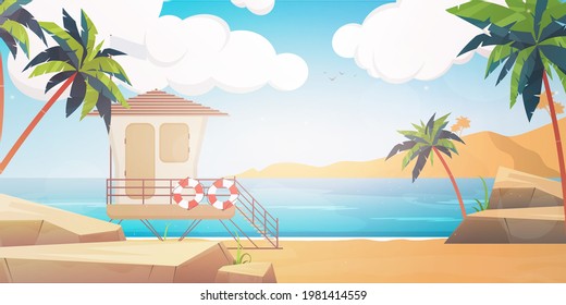 Beautiful Tropical Beach Landscape Summer Seaside With Palm Tree And Silhouette Mountains Horizontal Banner Flat Vector Illustration