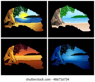 Beautiful tropical beach landscape sunrise, day, sunset and night viewed by inside of a cave in Sununga, Ubatuba, Brazil. A real place named Cave Crying.