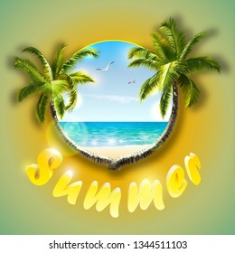 Beautiful tropical beach.Sea panorama.Sea, seagulls, palm trees, the beach. Poster.