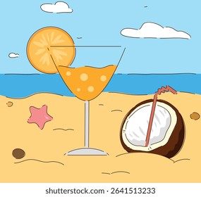 A beautiful tropical beach scene featuring a refreshing cocktail and a coconut drink