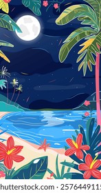 A beautiful tropical beach scene with a large moon shining brightly in the sky. The beach is surrounded by palm trees, and the water is calm and inviting. The scene is peaceful and relaxing