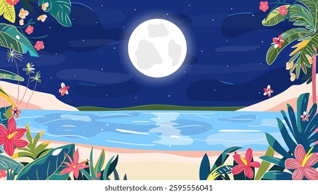 A beautiful tropical beach scene with a large moon. Palm trees, tropical island. Banner for advertising