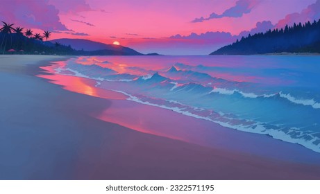 Beautiful Tropical Beach Scenery at Dawn or Dusk Hand Drawn Painting Illustration