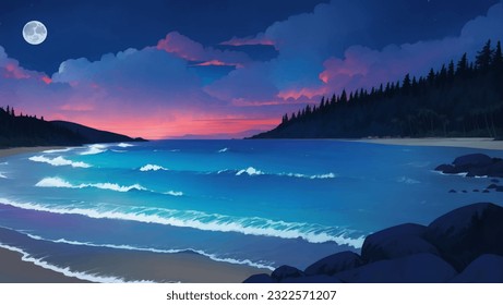 Beautiful Tropical Beach Scenery Hand Drawn Painting Illustration