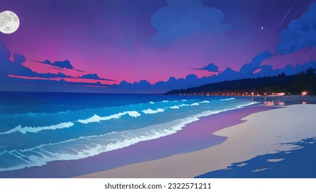 Beautiful Tropical Beach Scenery Hand Drawn Painting Illustration