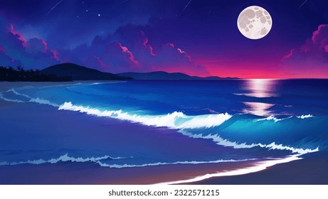 Beautiful Tropical Beach Scenery Hand Drawn Painting Illustration