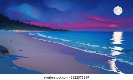 Beautiful Tropical Beach Scenery Hand Drawn Painting Illustration