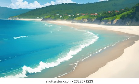 Beautiful Tropical Beach Scenery Hand Drawn Painting Illustration