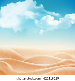 Beautiful tropical beach with sunlight background, summer holiday concept. Vector illustration with realistic sand and clouds.