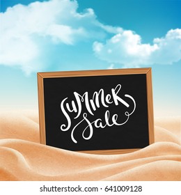 Beautiful tropical beach with sunlight background, summer holiday concept. Summer sale hand drawn lettering. Vector illustration with realistic sand and clouds.