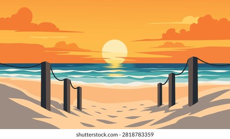 Beautiful Tropical Beach Sunset Flat Vector Landscape With Wooden Fence Path To The Sea