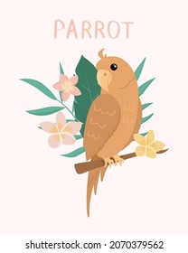 Beautiful tropical bird in scandinavian style. Parrot with leaves and flower. Cartoon bird design flat vector illustration isolated on white background