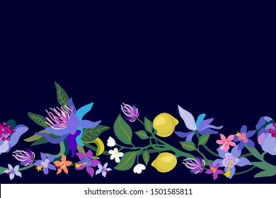 Beautiful tropical border. Colorful seamless ornament with blooming exotic flowers and fruits on black background. Template for cards, textile design and orher decorations.