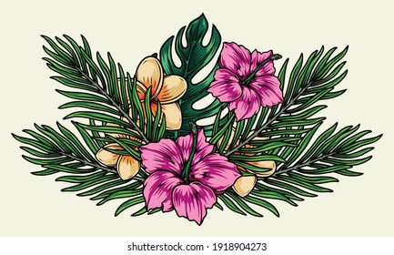 Beautiful tropical bouquet colorful concept with green palm monstera leaves pink hibiscus and plumeria flowers in vintage style isolated vector illustration