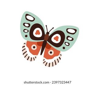 Hermosa mariposa tropical. Resumen insecto volador con alas manchadas. Moscas de polilla exótica. Especies de fauna de primavera y verano. Ilustración vectorial gráfica plana aislada en fondo blanco.