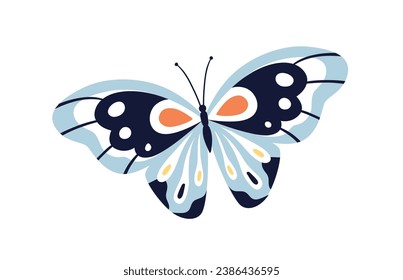 Beautiful tropical butterfly flying. Exotic moth with antennae and wings. Spring and summer insect. Abstract fauna species. Flat graphic vector illustration isolated on white background