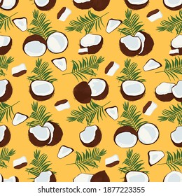 Beautiful tropical coconuts will beautify any of your designs. Seamless vector pattern on a yellow background. Coconuts and palm leaves.