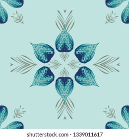 Beautiful, tropical decorative seamless pattern. Great background for beach wedding invitations, textiles and fashion. Polynesian island vibe with coastal turquoise, teal and moss green.   Vector.