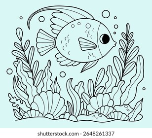 Lindos peixes tropicais com algas e corais no fundo do mar e nos recifes de corais. Página de cores. Não é IA. Desenho da linha do contorno. Ilustração vetorial. Coleção Kids