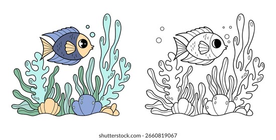 Hermosos peces tropicales con algas y corales en el fondo marino y arrecife de coral. Esquema y dibujo a color. Página para colorear. No la IA. Ilustración vectorial. Colección para niños
