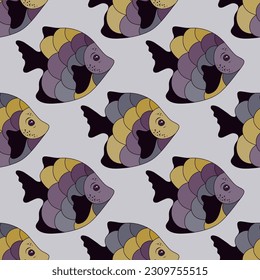 Beautiful tropical fish seamless fabric print illustration. Ocean creatures swimming. Kids fashion tissue print. Tropical fish isolated illustration. Multicolored squama, fins