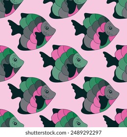 Beautiful tropical fish seamless fabric print illustration. Aquatic fauna diving. Kids fashion tissue print. Tropical fish sealife graphic design. Multicolored scales, fins