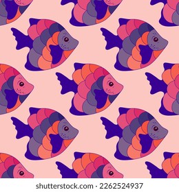 Beautiful tropical fish seamless pattern illustration. Saltwater animals swimming. Kids fashion fabric print. Tropical fish isolated illustration. Multicolored scales, fins