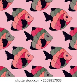 Beautiful tropical fish seamless textile print illustration. Saltwater fauna swimming. Children fashion textile print. Tropical fish undersea life illustration. Multi-coloured scales, fins