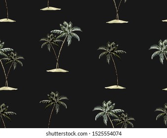 Beautiful tropical floral foliage coconut palm trees, seamless pattern on black background. Exotic jungle night wallpaper.
