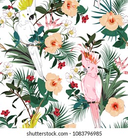 Beautiful Tropical floral print. Parrot bird in the jungle and flowers in the summer exotic forest  allover design, seamless pattern vector for fashion ,wallpaoer and all prints on white