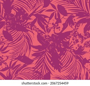 Beautiful tropical floral silhouette pattern, Seamless print design. Surface pattern with exotic floral motif. Vector illustration for fashion, wallpapers, interior design. 