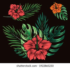 Beautiful tropical floral vintage composition with red and orange hibiscus flowers and green exotic leaves isolated vector illustration