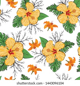 beautiful tropical flower with branches and leave seamless pattern