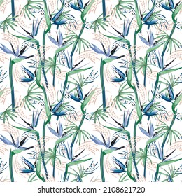 Beautiful Tropical flower,bird of paradise,Jungle leaf,exotic floral print seamless pattern,Design for fashion , fabric, textile, wallpaper, cover, web , wrapping and all prints on white 