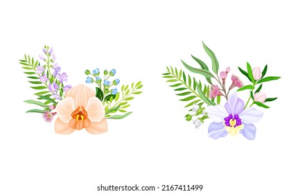 Beautiful tropical flowers and leaves set. Floral composition with exotic plants vector illustration