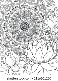 Beautiful tropical flowers and mandala. Adult coloring page. Vector illustration. Doodle zen coloring page in outline.