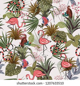 Beautiful Tropical flowers, palm leaves, jungle plants, birds, pink flamingos,snake, seamless vector floral pattern , exotic botanical wallpaper, vintage mood for fashion,fabric,and all prints