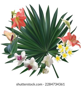 Beautiful tropical flowers. Palm leaves. White orchids. Lilies. Floral background. Anthurium. Plumeria