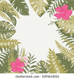 Beautiful tropical frame with flowers and leaves. Jungle. Summer floral background.