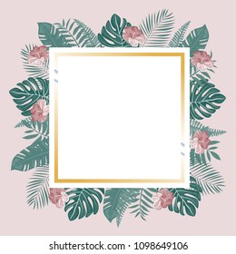 Beautiful tropical frame with flowers and leaves. Jungle. Summer floral background.