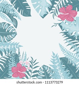 Beautiful tropical frame with flowers and leaves. Jungle. Summer floral background.