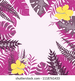 Beautiful tropical frame with flowers and leaves. Jungle. Summer floral background.