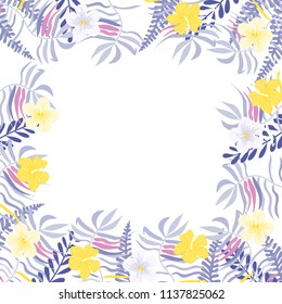 Beautiful tropical frame with flowers and leaves. Jungle. Summer floral background.