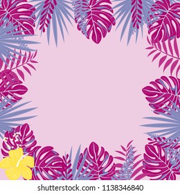 Beautiful tropical frame with flowers and leaves. Jungle. Summer floral background.