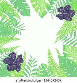 Beautiful tropical frame with flowers and leaves. Jungle. Summer floral background.