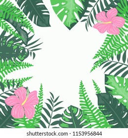 Beautiful tropical frame with flowers and leaves. Jungle. Summer floral background.