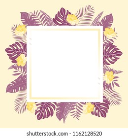 Beautiful tropical frame with flowers and leaves. Jungle. Summer floral background.