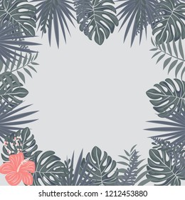Beautiful tropical frame with flowers and leaves. Jungle. Summer floral background.