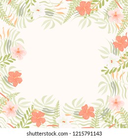 Beautiful tropical frame with flowers and leaves. Jungle. Summer floral background.