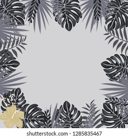 Beautiful tropical frame with flowers and leaves. Jungle. Summer floral background.
